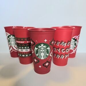 Five Starbucks Red Holiday Reusable Cups